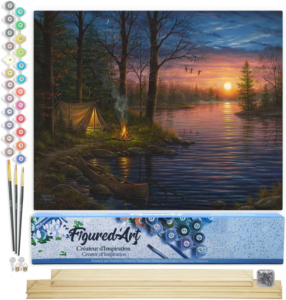 Figured'Art Malen Nach Zahlen Erwachsene Mit Rahmen Zelten am Fluss - Paint by Numbers Basteln DIY B