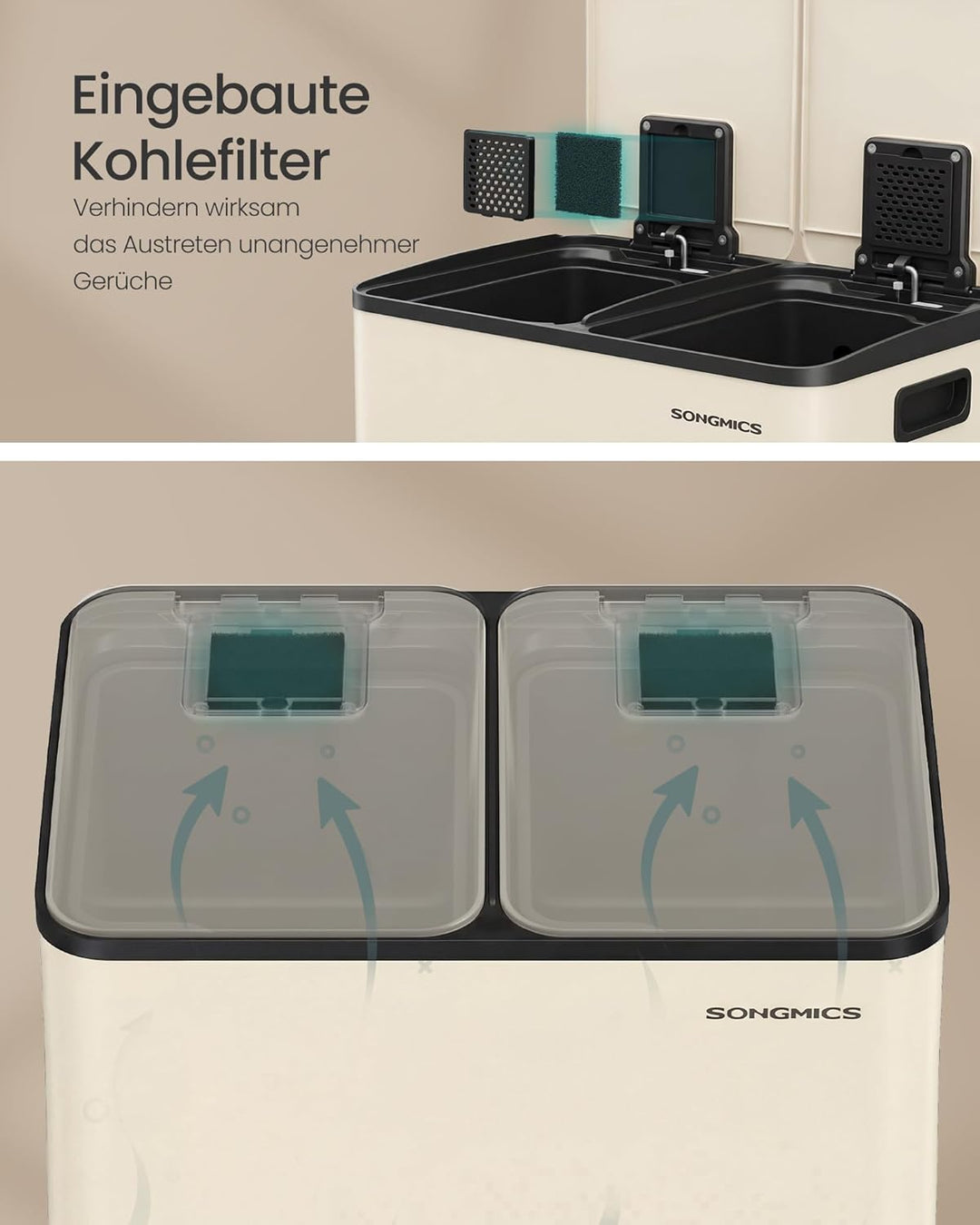 SONGMICS Mülleimer Küche, 2 x 30 Liter, 2 Fächer, Abfalleimer, Tretmülleimer, Küchenmülleimer mit So