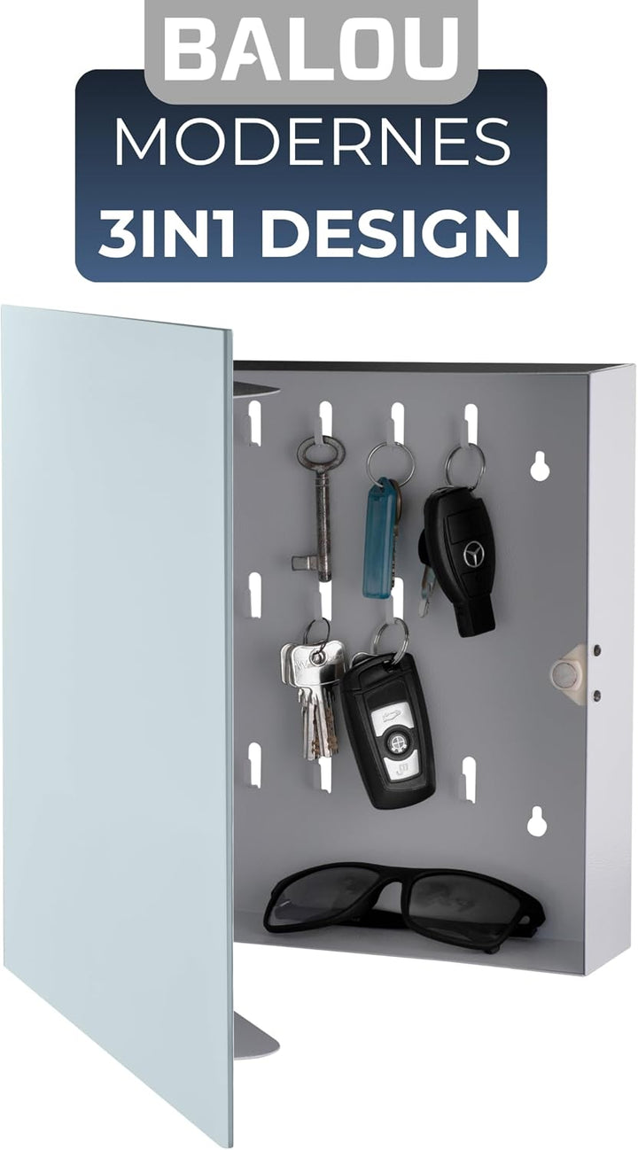 BALOU Schlüsselkasten modern mit Glas Magnettafel - Memoboard magnetisch mit 6 Magneten und Stift -