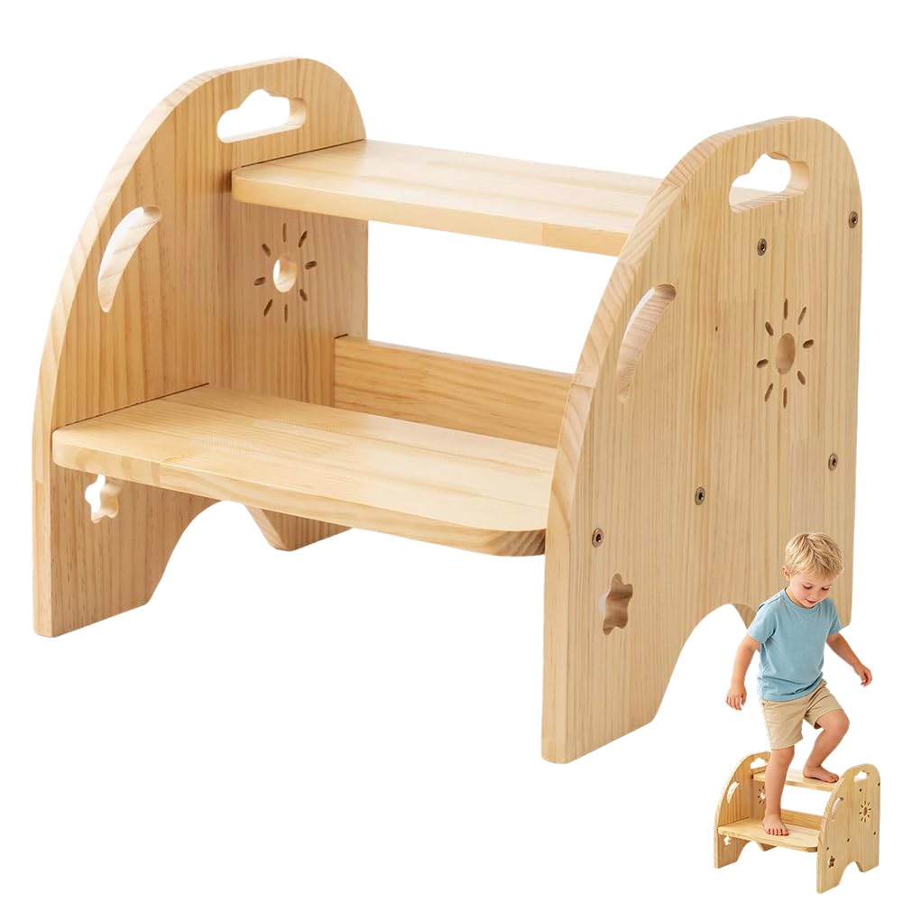 CEWROM Tritthocker Kinder Holz 2 Stufen, Rutschfester Kinderhocker mit Griff, Stabiler tritthocker,