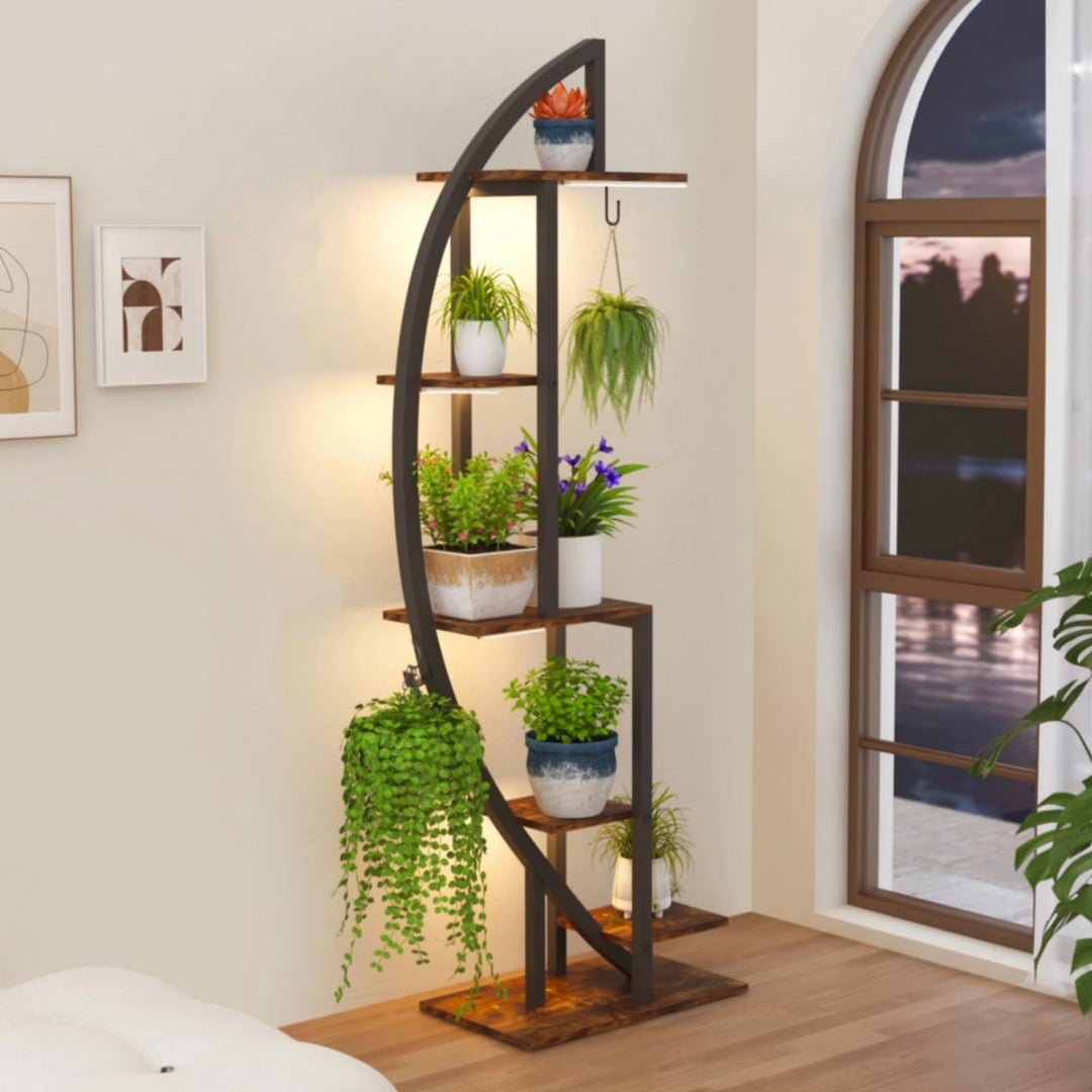6 Ebenen Pflanzenständer mit Wachstumslicht, Grosses Blumenständer 160cm Hoch, Metall-Holz Pflanzenr
