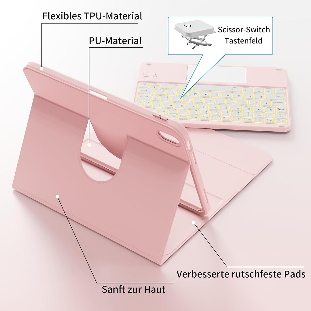 Hülle mit Tastatur für iPad A16 11/10 Generation mit Touchpad, Rosa | 360° Hülle mit Standfunktion,