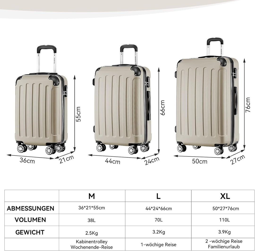 BEIBYE Hartschalen-Koffer Trolley Rollkoffer Reisekoffer Handgepäck 4 Rollen (M-L-XL-Set) (Champagne