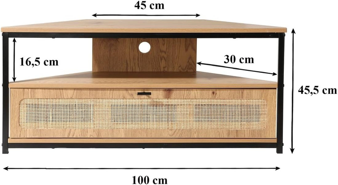 Calicosy - TV-Eckschrank, 1 Klapptür, Geflecht aus Rattan, Holzdekor, Spanplatten, Metallfüsse, Wohn