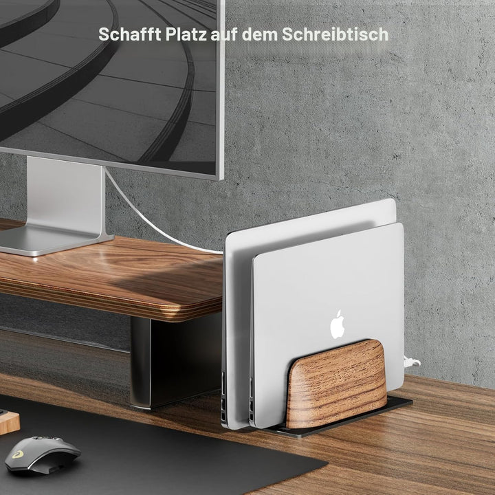 Vertikaler Laptop Ständer, Dual Slot Walnussholz Laptop Stand für Schreibtisch, Breite verstellbar H