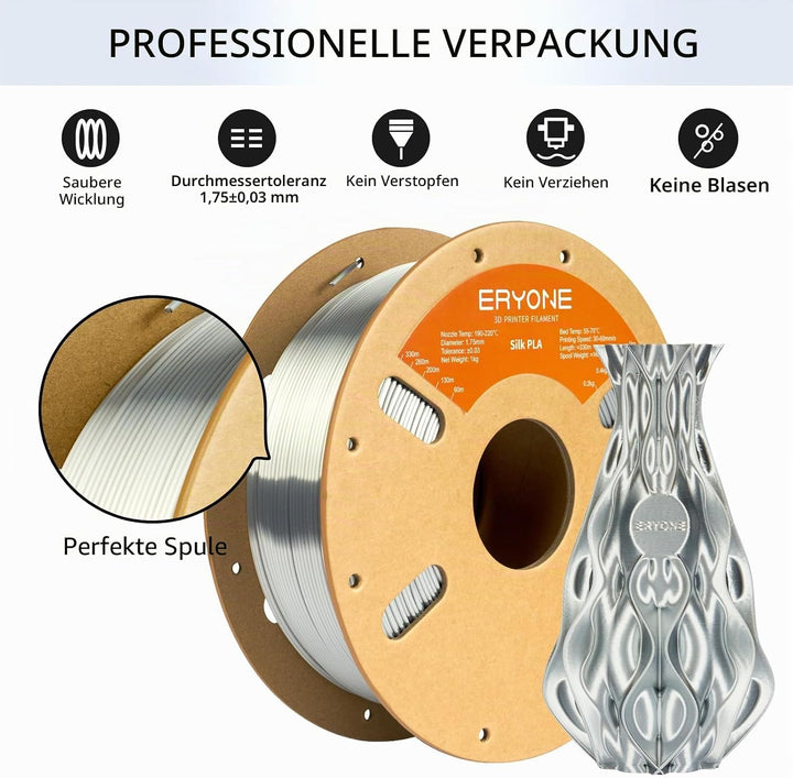 ERYONE Silk PLA Filament 1.75 mm, 3D-Drucker Filament PLA, 0,03 mm, 1 kg/Spule, Silk Silber Silk PLA