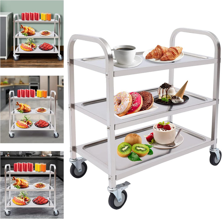3 Borde Servierwagen, Küchenwagen, Edelstahl Rollwagen, AbräUmwagen, Teewagen Gastro Servierhilfe, T