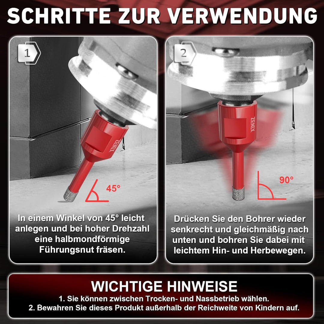 Diamant Fliesenbohrer 6 mm 3 Stück mit M14 Gewinde Für Fliesen, Porzellan, Keramik, Marmor &amp; Granit