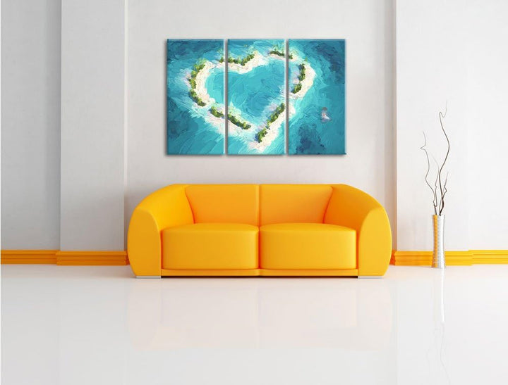 Pixxprint Herz geformt aus Inseln / 3-Teilig/Gesamtmass 120cm Leinwandbild bespannt auf Holzrahmen/W