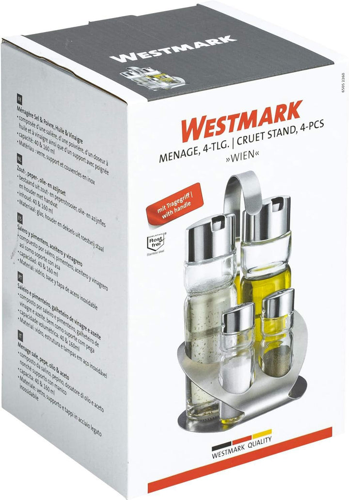 Westmark Menage Salz, Pfeffer, Essig und Öl, 5-tlg., Fassungsvermögen: 2x 40 ml/ 2x 160 ml, Rostfrei