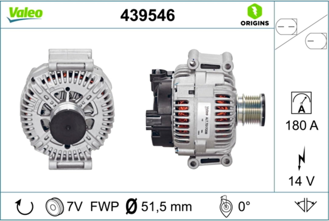 VALEO 439546 Generator Ladestrom des Generators: 180 Amp Rippen: 7 rippen Riemenscheibe Ø: 51,3 mm S