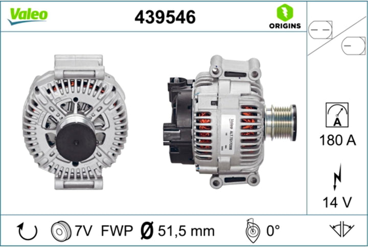 VALEO 439546 Generator Ladestrom des Generators: 180 Amp Rippen: 7 rippen Riemenscheibe Ø: 51,3 mm S