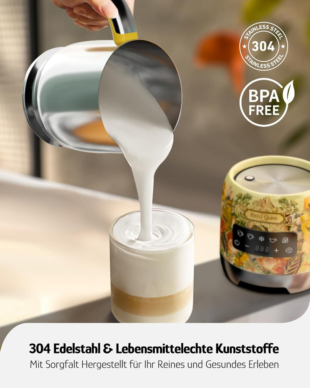 Hazel Quinn Milchaufschäumer 5-in-1 Funktionalität, 450 ml für Milchschaum heiss und kalt, heisse Sc