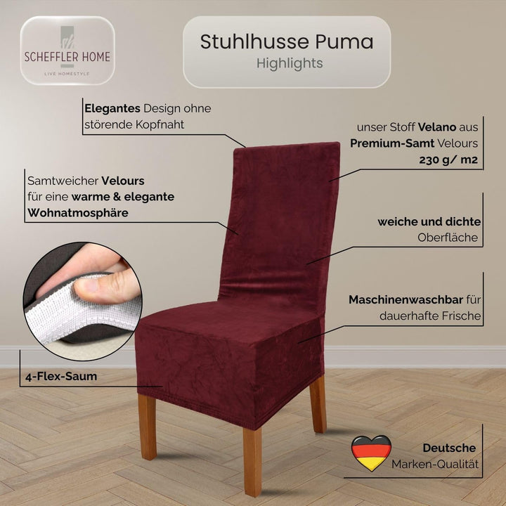 SCHEFFLER-Home Stretch Stuhlhussen Samt Puma Velvet/Velours Stuhlhussen Bordeaux 6er Set/Stuhlabdeck