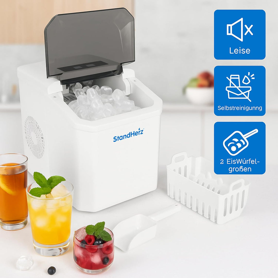Eiswürfelmaschine Weiss 230 V – Kompakter Ice Maker mit Selbstreinigungsfunktion, 12 kg / 24 h, leis