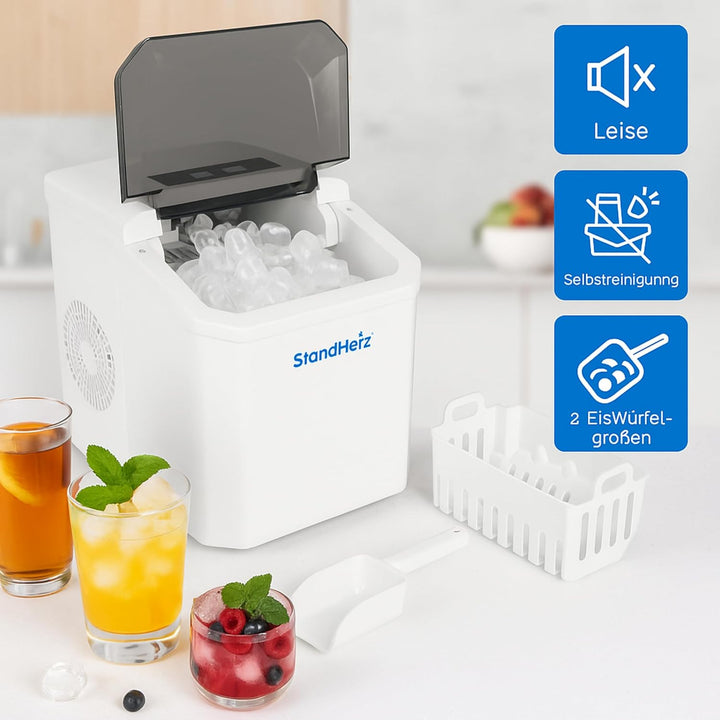 Eiswürfelmaschine Weiss 230 V – Kompakter Ice Maker mit Selbstreinigungsfunktion, 12 kg / 24 h, leis