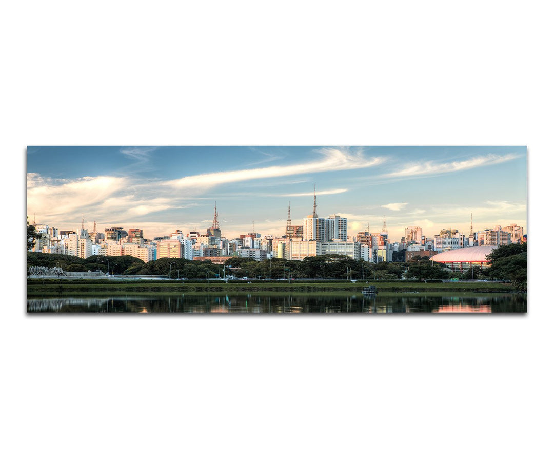 Panoramabild auf Leinwand und Keilrahmen 150x50cm Brasilien Sao Paulo Skyline Meer Spiegelung