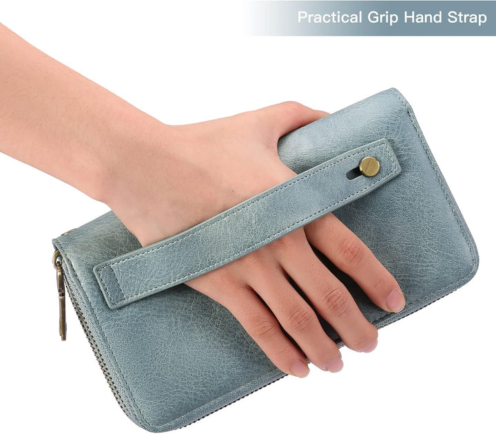 GAEKEAO Geldbörse Damen Gross, Portemonnaie Damen Veganes Leder Doppel Reissverschluss Kreditkartene