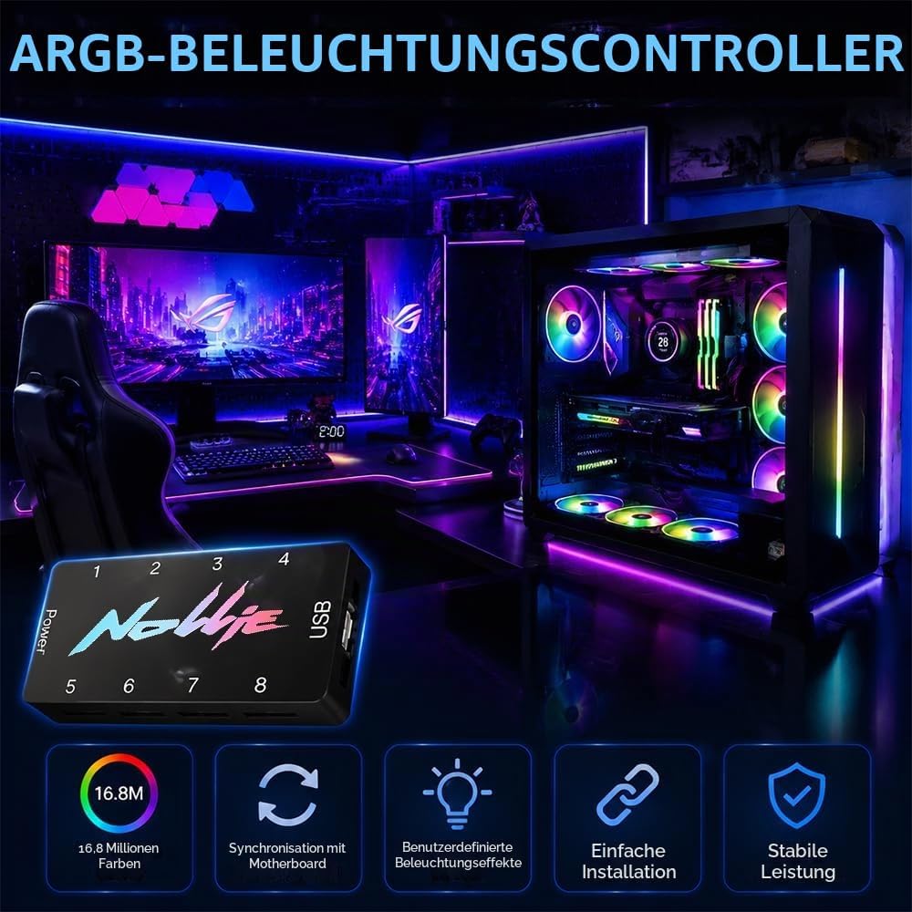 8-Port ARGB Controller, SGZIOO ARGB PWM Fan Hub, 5V 3 Pin RGB Controller PC mit 2 SATA-Kabel, Lüfter