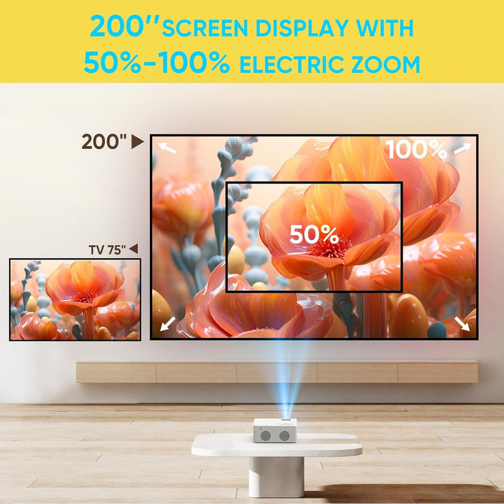 Beamer, Mini Beamer Bluetooth5.2 Full HD 1080P Tragbarer Outdoor/Heimkino Projektor, 50% Zoom 200-Zo