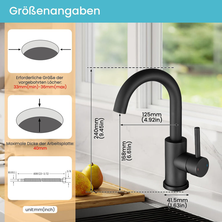 Wasserhahn Bad,Badarmatur/Küche,360°drehbar,Einhebelmischer,Edelstahl Waschbeckenarmatur Schwarz Zwe
