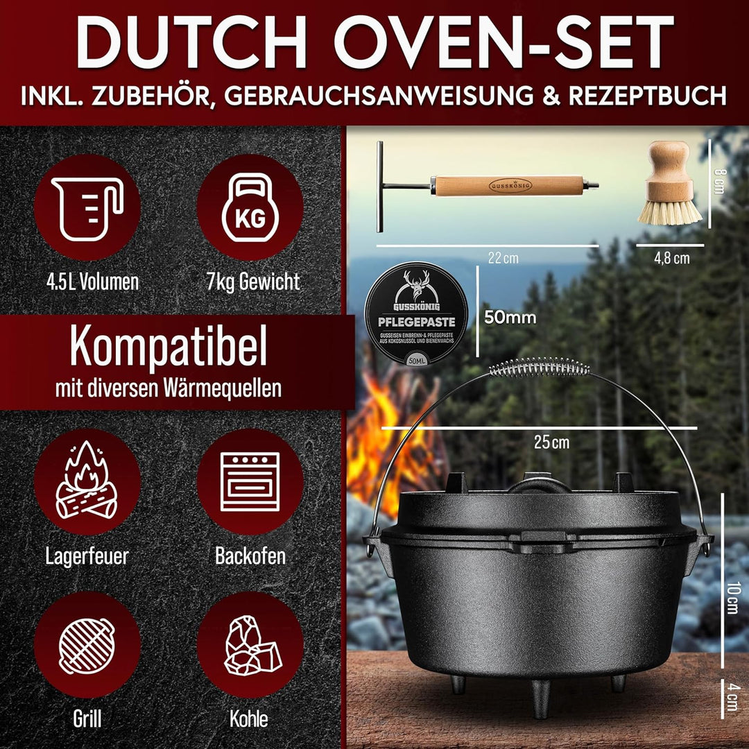 GUSSKÖNIG Dutch Oven Set - Eingebrannter Dutch Oven 4,5 Liter - Feuertopf Gusseisen mit Füssen - Sch