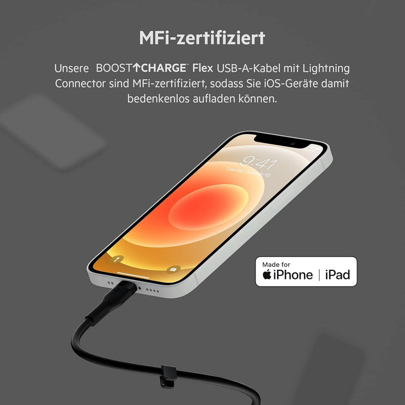 Belkin BoostCharge Flex Silikon-USB-A/Lightning-Kabel, 2 m, MFi-zertifiziertes Ladekabel für iPhone 