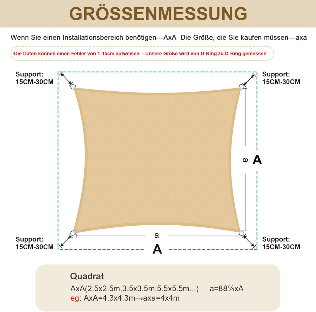 HENG FENG Sonnensegel 2.5x2.5m Rechteckig Wasserdicht mit 95% UV-Schutz Sonnenschutz für Garten Terr
