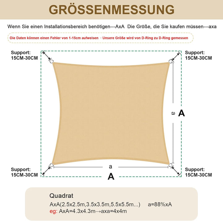 HENG FENG Sonnensegel 2.5x2.5m Rechteckig Wasserdicht mit 95% UV-Schutz Sonnenschutz für Garten Terr
