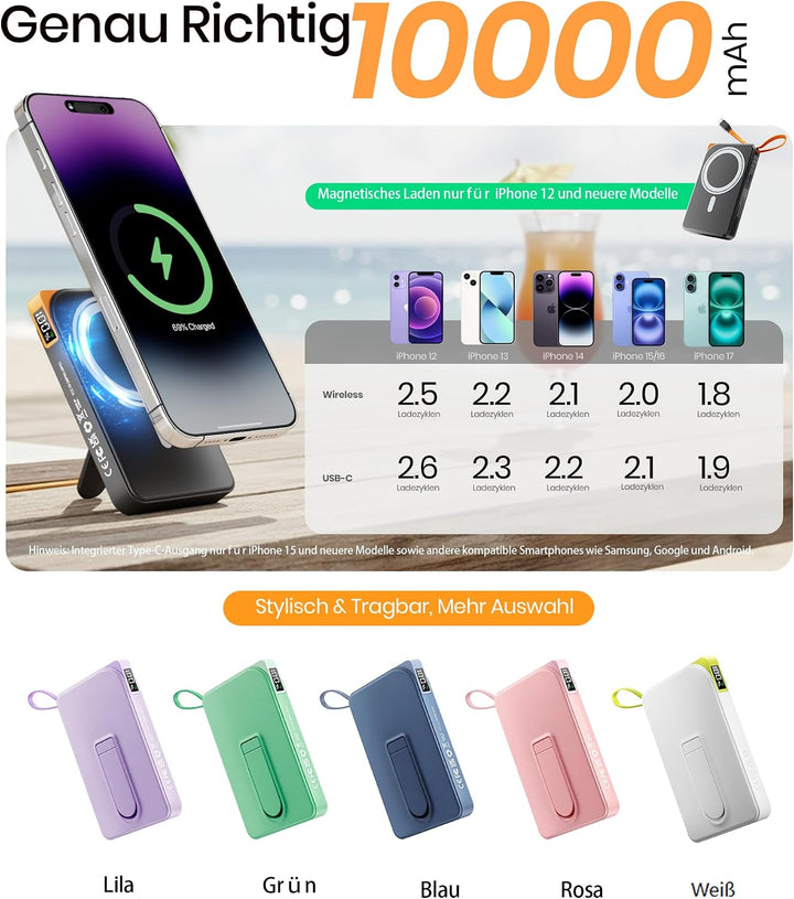 Power Bank für MagSafe iPhone 10000mAh, 3 in 1 Magnetische Schnellladen PowerBank for i-Phone Air 17