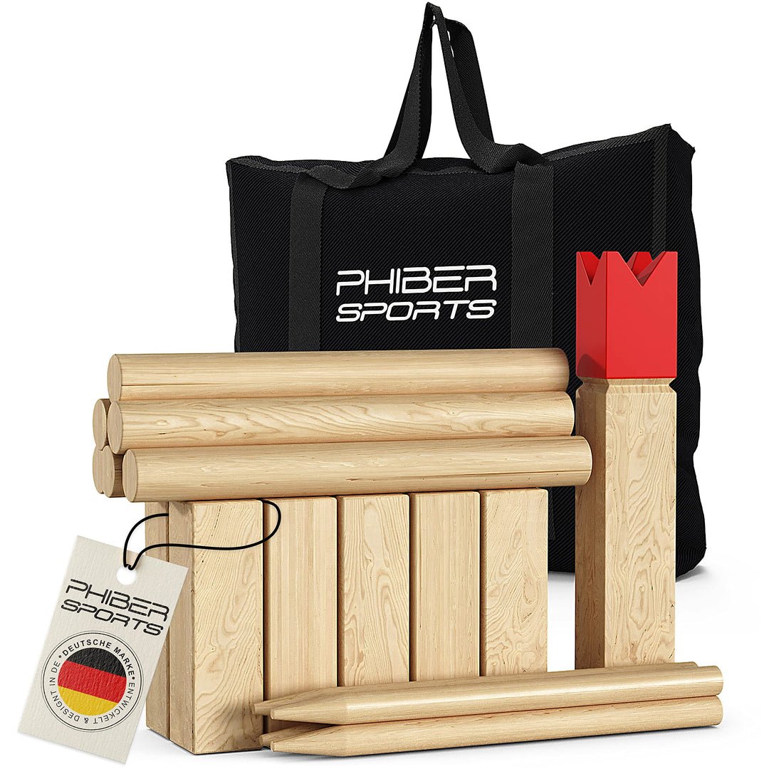 Kubb Wikinger Spiel aus Holz in Premium Qualität – Aus massivem Holz – Mit praktischer Tragetasche -