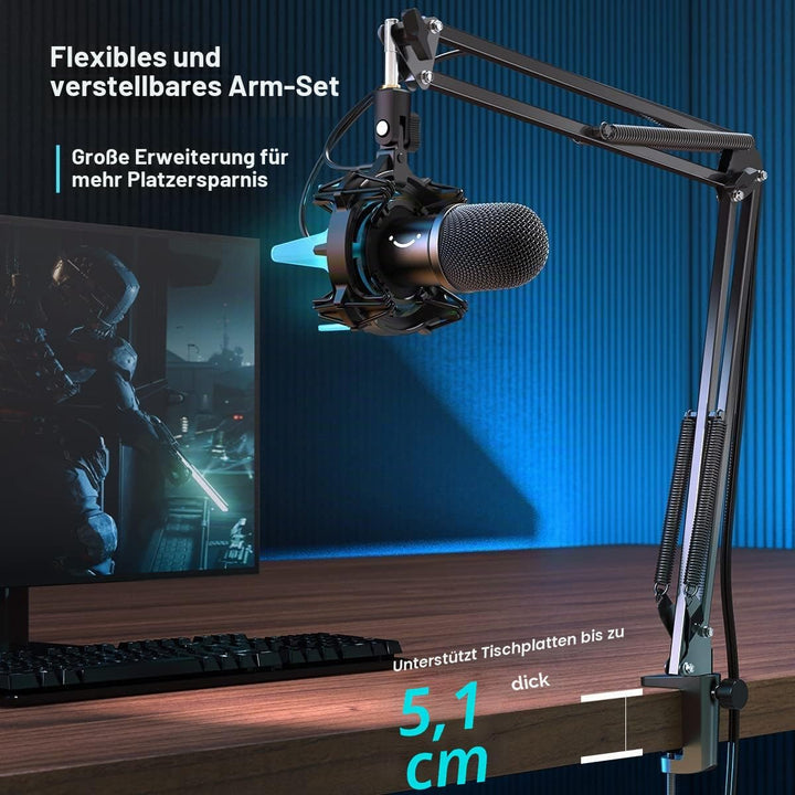 FIFINE Gaming Mikrofon PC mit Arm, 8 RGB Steuerungsmodi USB Microphone für MAC PS4 PS5, Dynamisches