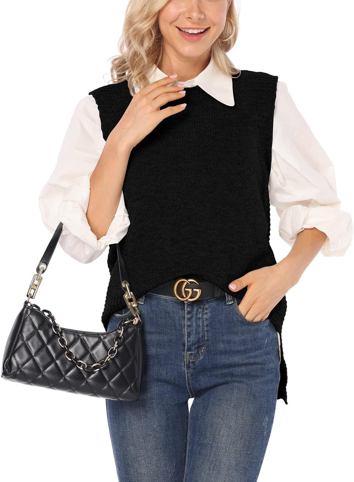 Dilgul Damen Weste Pullunder Ärmellos Weste Strick Winter Strickweste Pullover Rundhalsausschnitt St