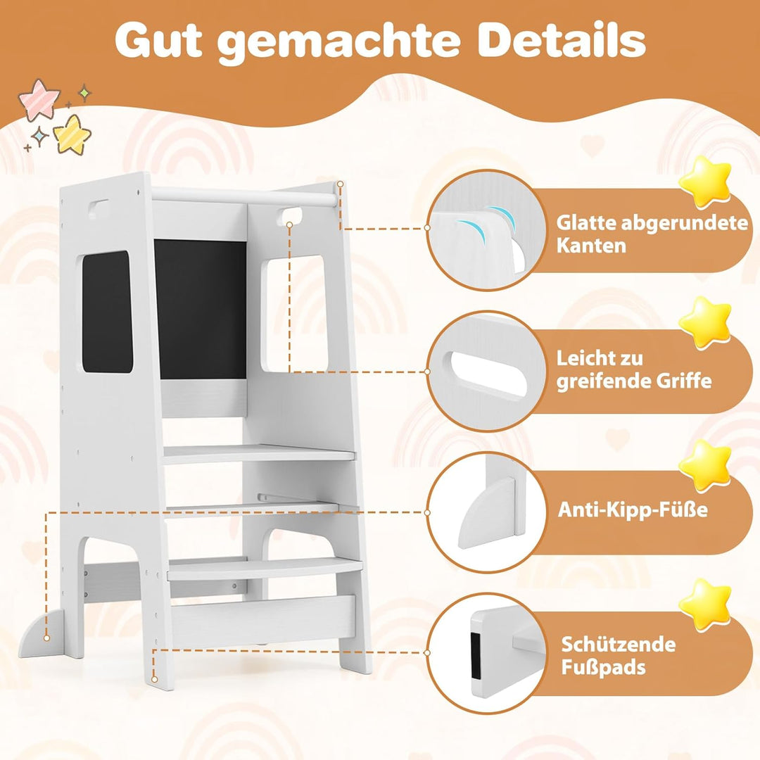 DREAMADE Lernturm ab 1 Jahr, Tritthocker Holz mit doppelseitiger Tafel, Learning Tower Höhenverstell