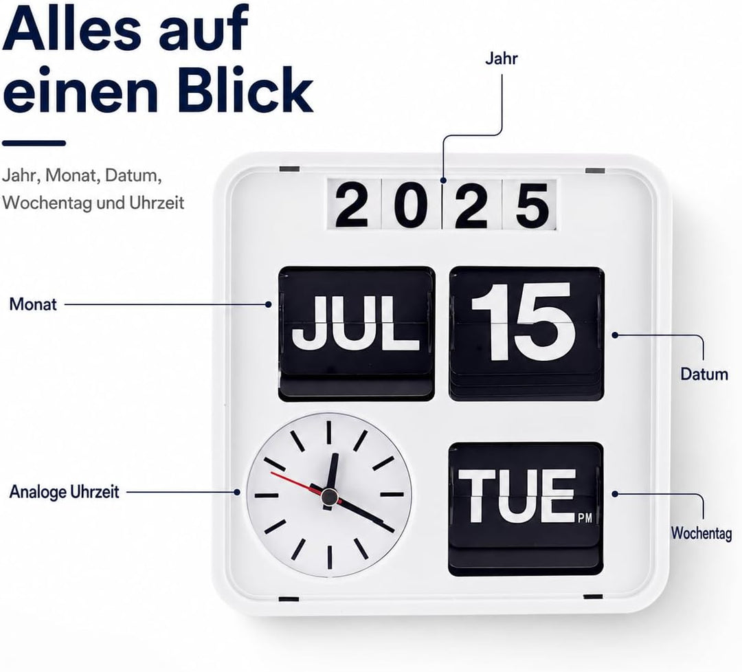 Eurotime 80005-00 Retro Tisch- & Wanduhr mit Voll-Datumsanzeige inkl. Jahr, Quarzuhr im Klappkarten-