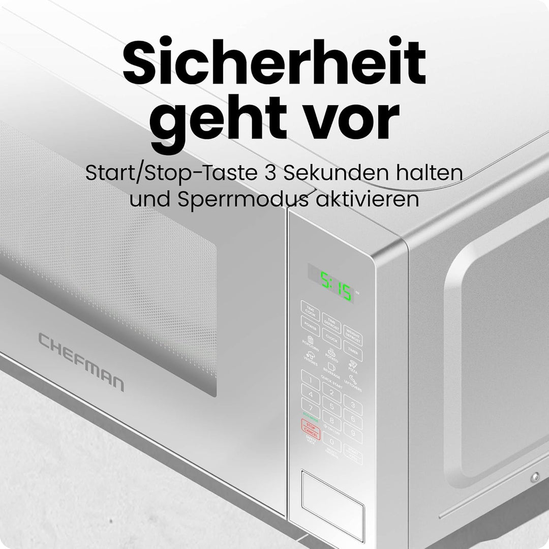 Chefman Mikrowelle 20L 800W 6 Voreinstellungen 10 Leistungsstufen Digitalanzeige Eco-Modus Memory-Fu