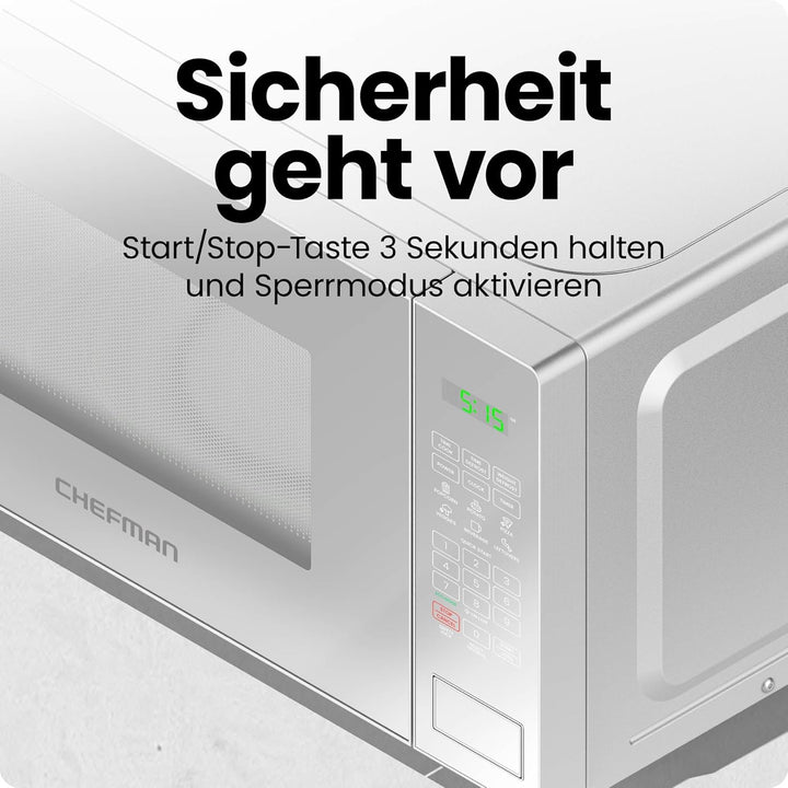 Chefman Mikrowelle 20L 800W 6 Voreinstellungen 10 Leistungsstufen Digitalanzeige Eco-Modus Memory-Fu