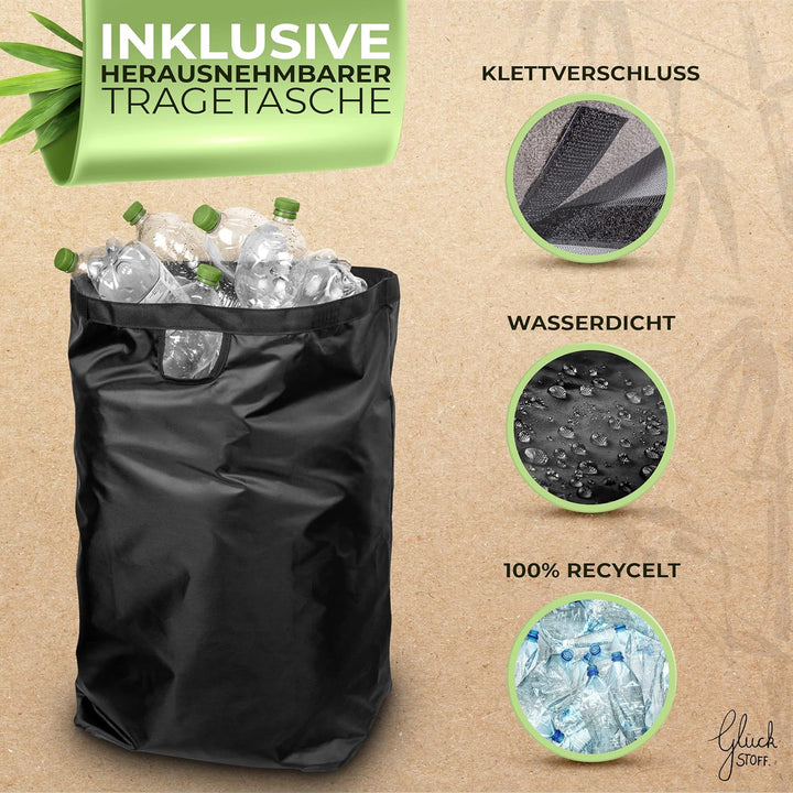 Glückstoff® Pfandflaschen Sammelbehälter [INKL. TRAGETASCHE] - Flaschensammler Leergut - PET Flasche