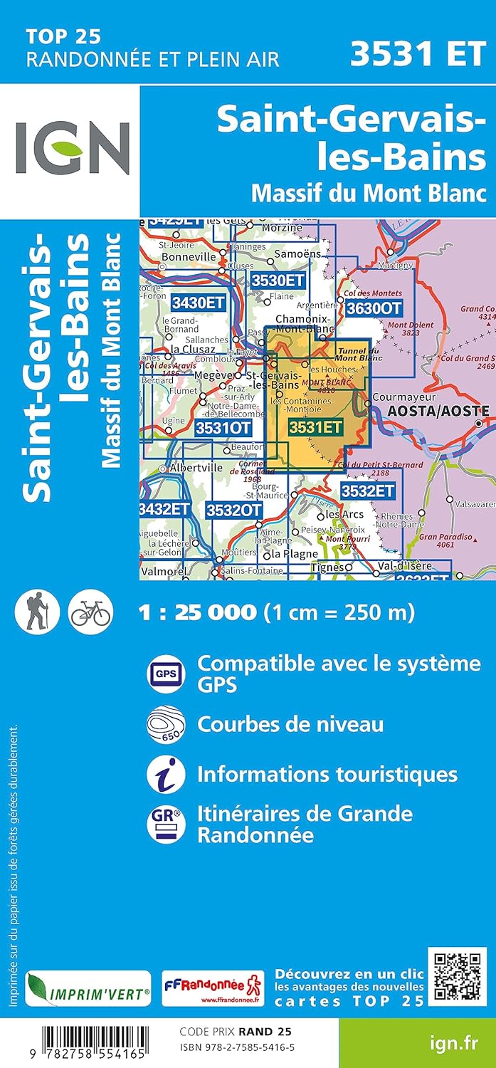 3531ET SAINT-GERVAIS - LES BAINS Topographische Wanderkarte Frankreich 1:25.000 TOP 25 IGN, Karte