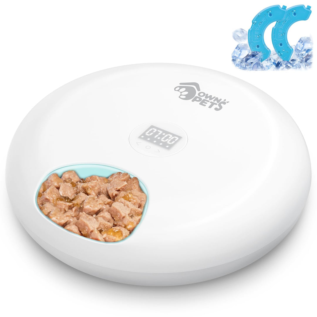 Ownpets 6 Mahlzeiten Automatischer Katzenfutterautomat für Nass/Trockenfutter, mit 2 Kühlakkus, prog