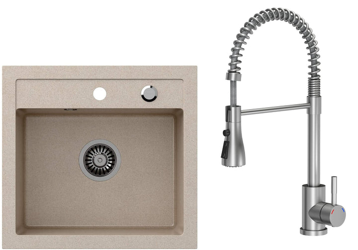 VBChome Spülbecken mit Armatur 50 x 47 cm Beige Spüle Einzelbecken Küche Einbauspüle Verbundspüle Kü