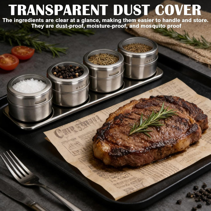 12 Stück Gewürzdosen Magnetisch, 100ml Edelstahl Transparent Top BBQ Gewürzdose, 2-in-1 Gewürzbehält