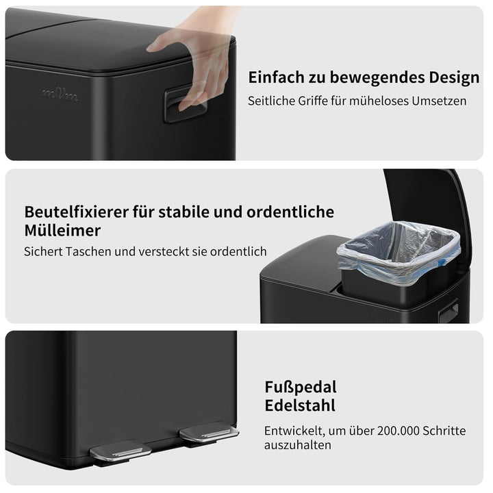 mVm Mülleimer Küche,60 Liter Treteimer,2x30L Doppelter Abfalleimer 2er-Mülleimer Mülltrennung mit In