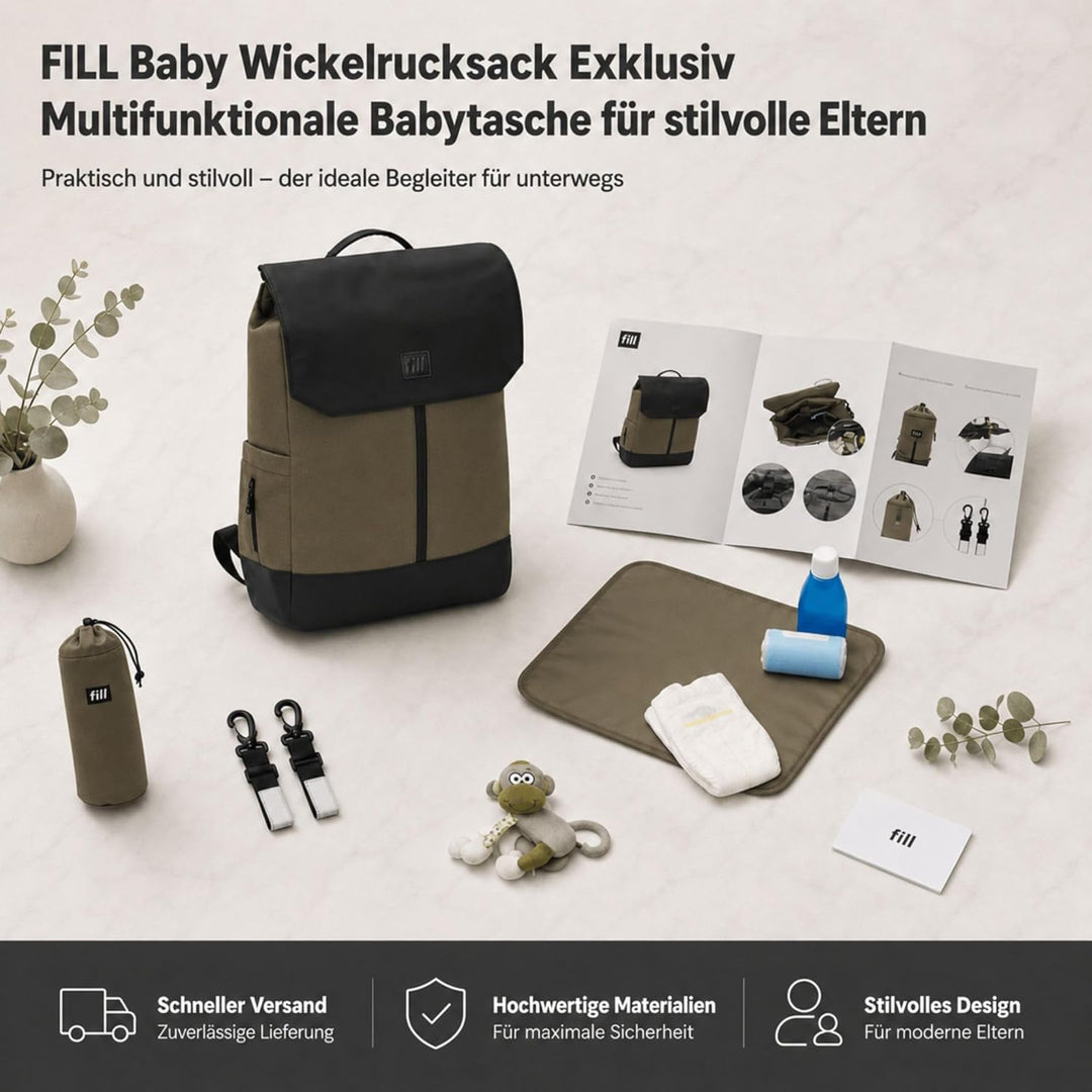 FILL Baby Wickelrucksack Exklusiv | Grosse Wickeltasche Mama Rucksack mit Flaschenwärmer und Wickelu