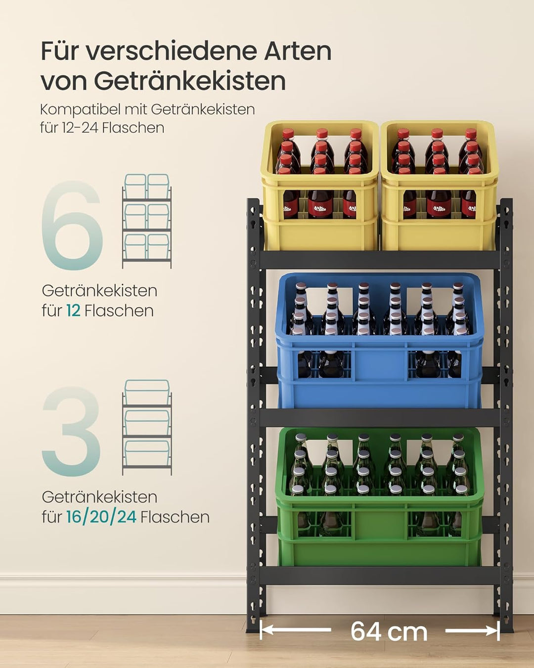 SONGMICS Getränkekistenregal, für 3 Getränkekisten, 3 Ebenen, Jede Ebene bis 30 kg belastbar, Geträn