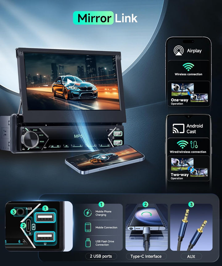 Autoradio 1 Din Carplay Android Auto Wireless mit 7 Zoll Manuell einziehbar Bildschirm,FM Radio mit