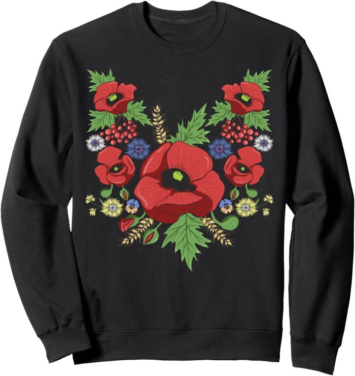 Rote Mohnblumen Blumen Vintage Ukrainischen Wyschywanka-Stil Sweatshirt