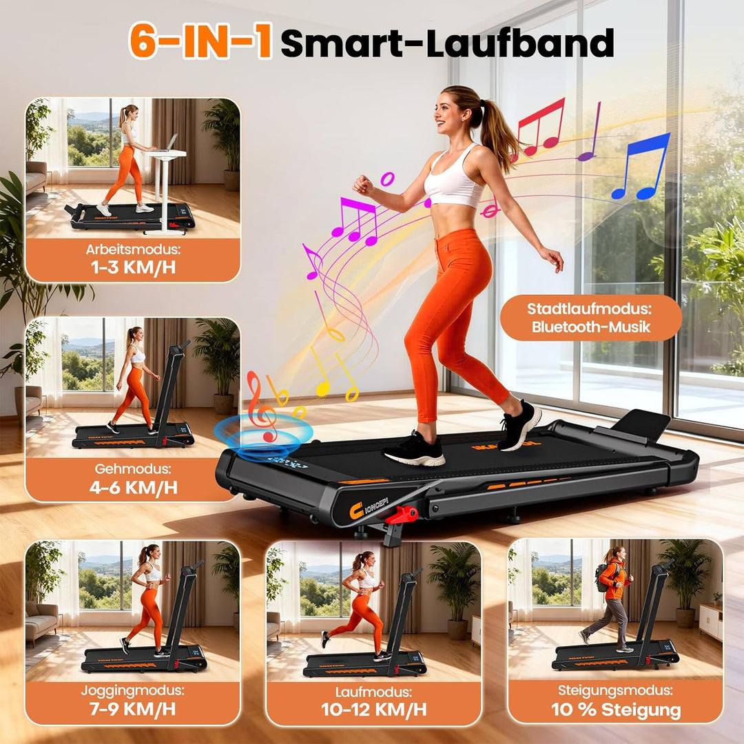 Laufband für Zuhause mit Bluetooth Lautsprecher, 6 in 1 12km/h Walking Pad Laufband mit 10% Steigung