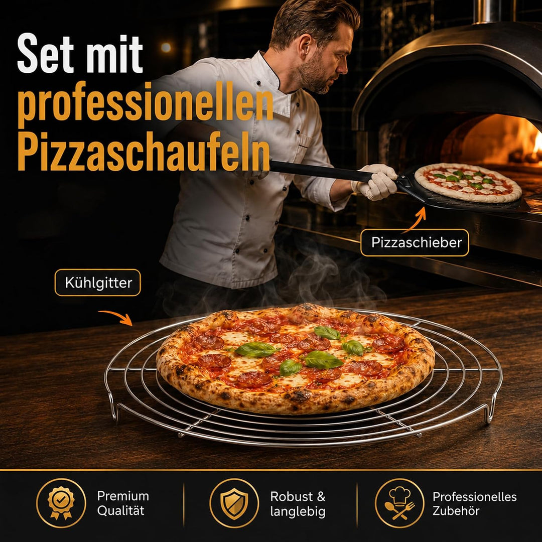 Pizzaschieber Set mit Perforiertem Schieber &amp; Ø 12" Abkühlgitter für extra knusper, Antihaft Beschic
