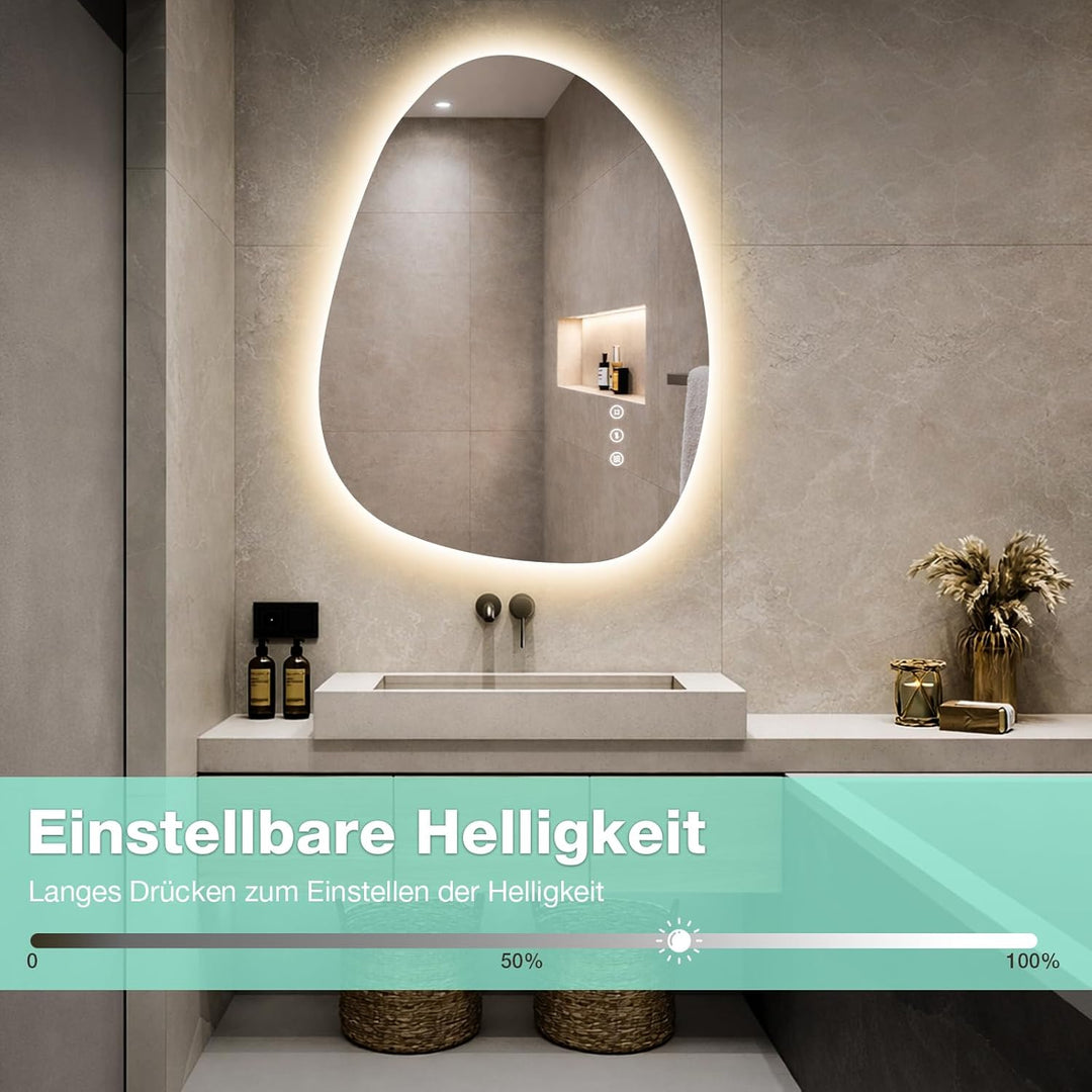 Asymmetrischer Badspiegel mit Beleuchtung 65×50 cm, Antibeschlag, 3 Lichtfarben, Dimmbar, IP44 Wasse
